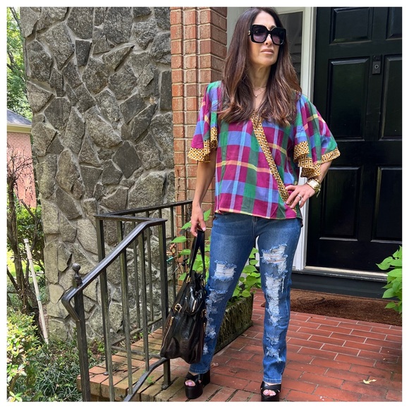 21 Boho Blue Green Purple Plaid with Gold Trim Crossover Top - Picture 5 of 10